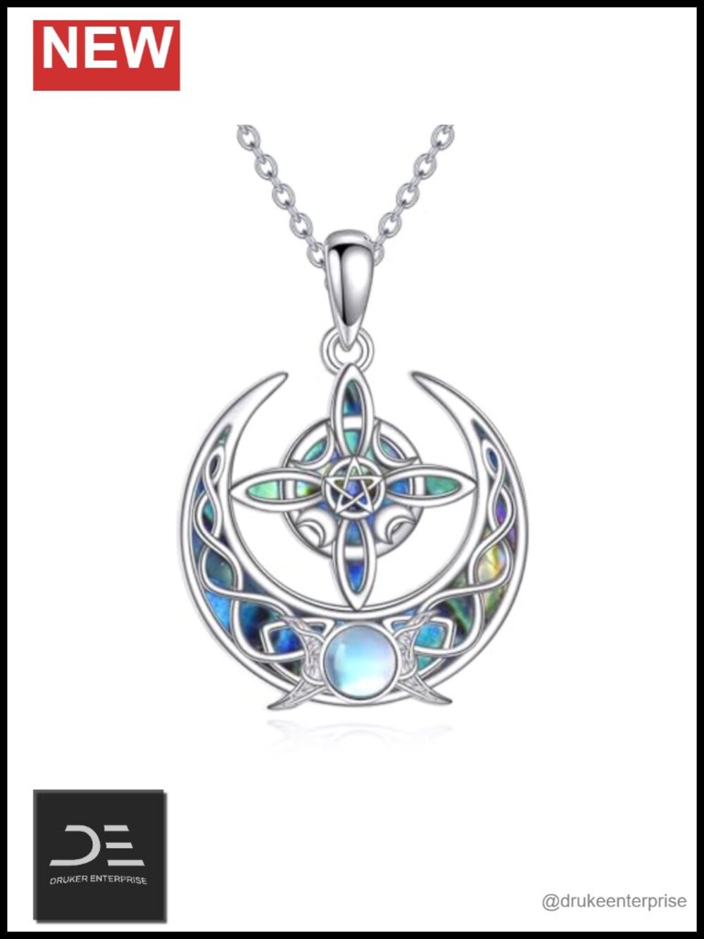 Sterling Silver Celtic Moonstone Necklace Wiccan Witches Knot Triple Moon